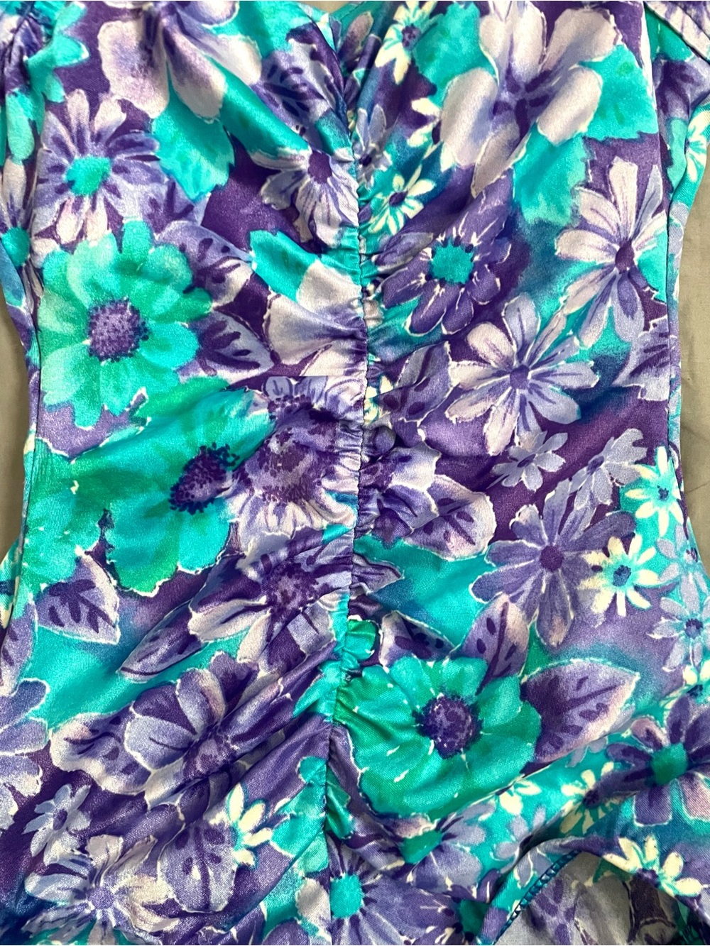 Vintage Le Cove One Piece Swimsuit Size 8 Floral Ruched Purple Teal Blue Retro - Picture 4 of 8